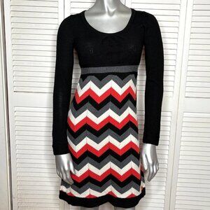 2000s Milly New York Chevron Knit Sweater Dress Black Red Gray Merino Wool S Y2K